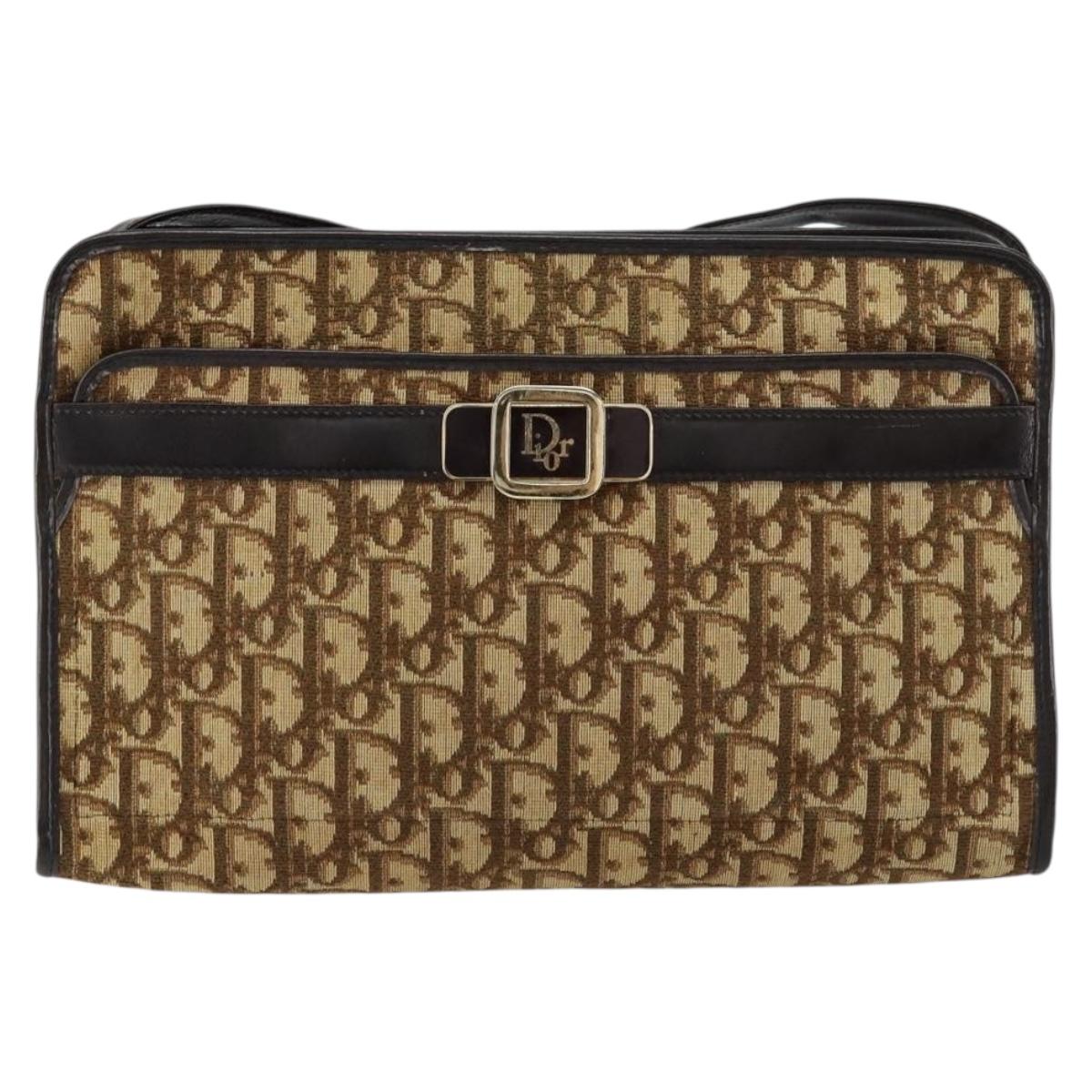 Christian Dior Trotter Canvas Shoulder Bag Beige Gold Auth 152260