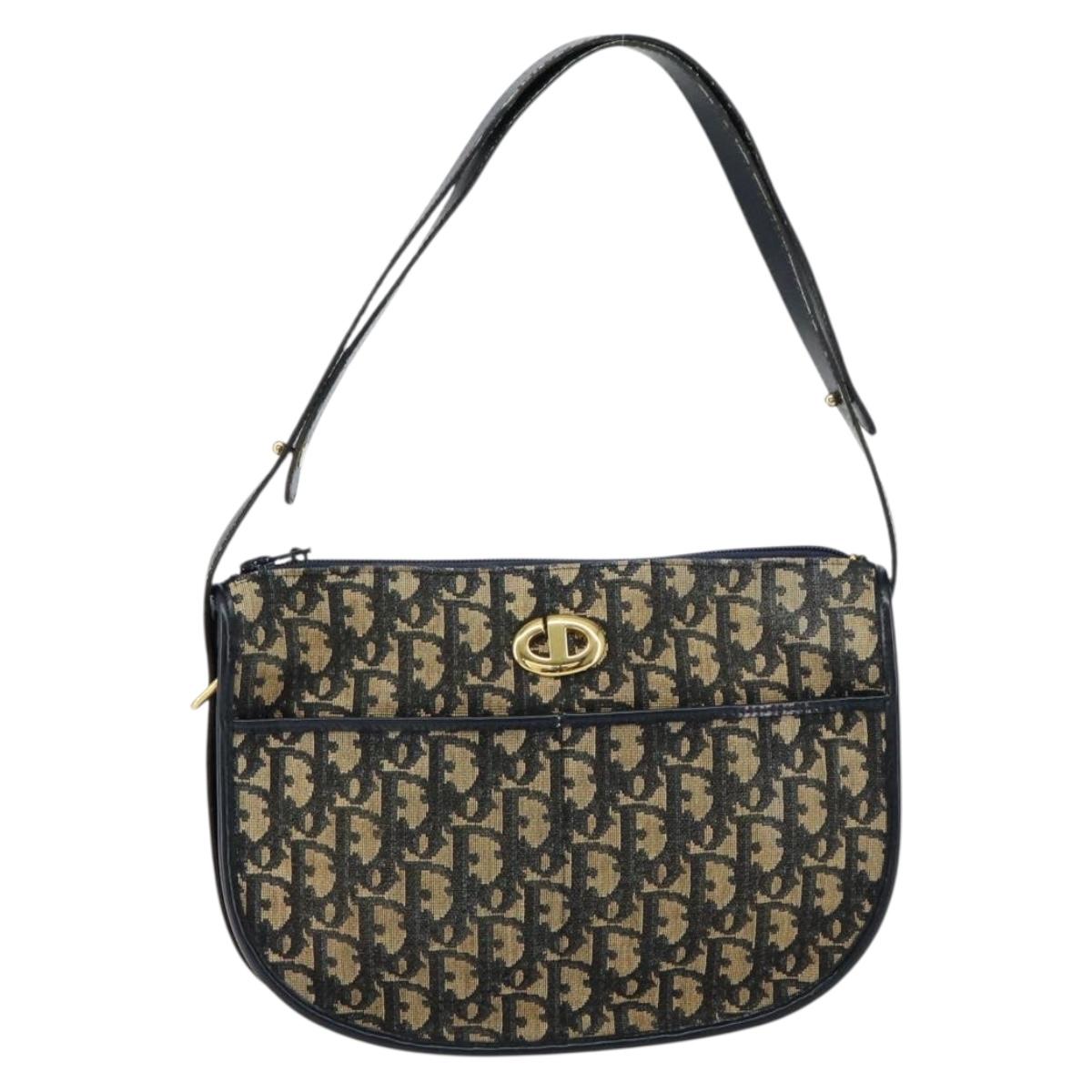 Christian Dior Trotter Canvas Shoulder Bag Navy Gold Auth 152262