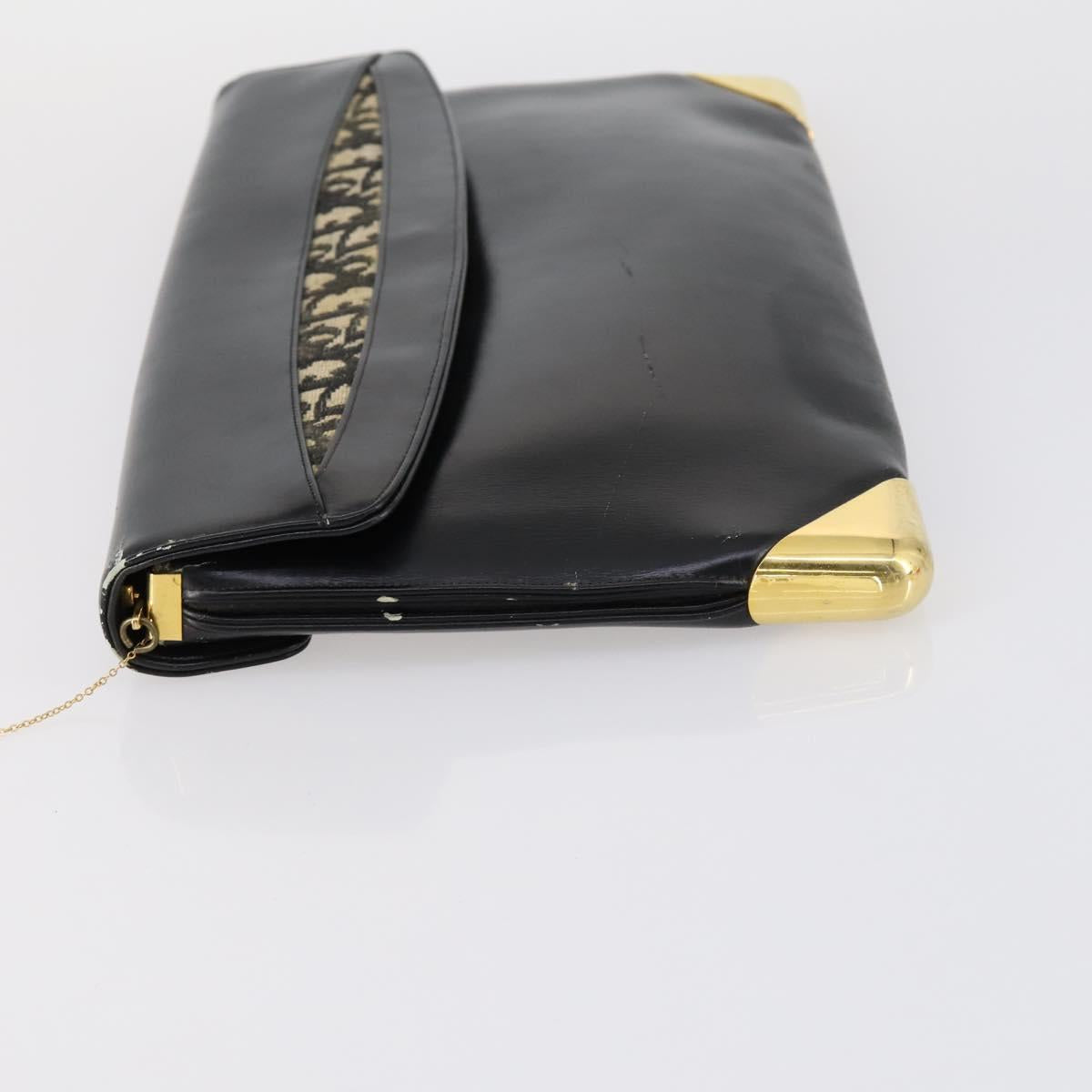 Christian Dior Trotter Canvas Clutch Bag Leather Black Gold Auth 152263