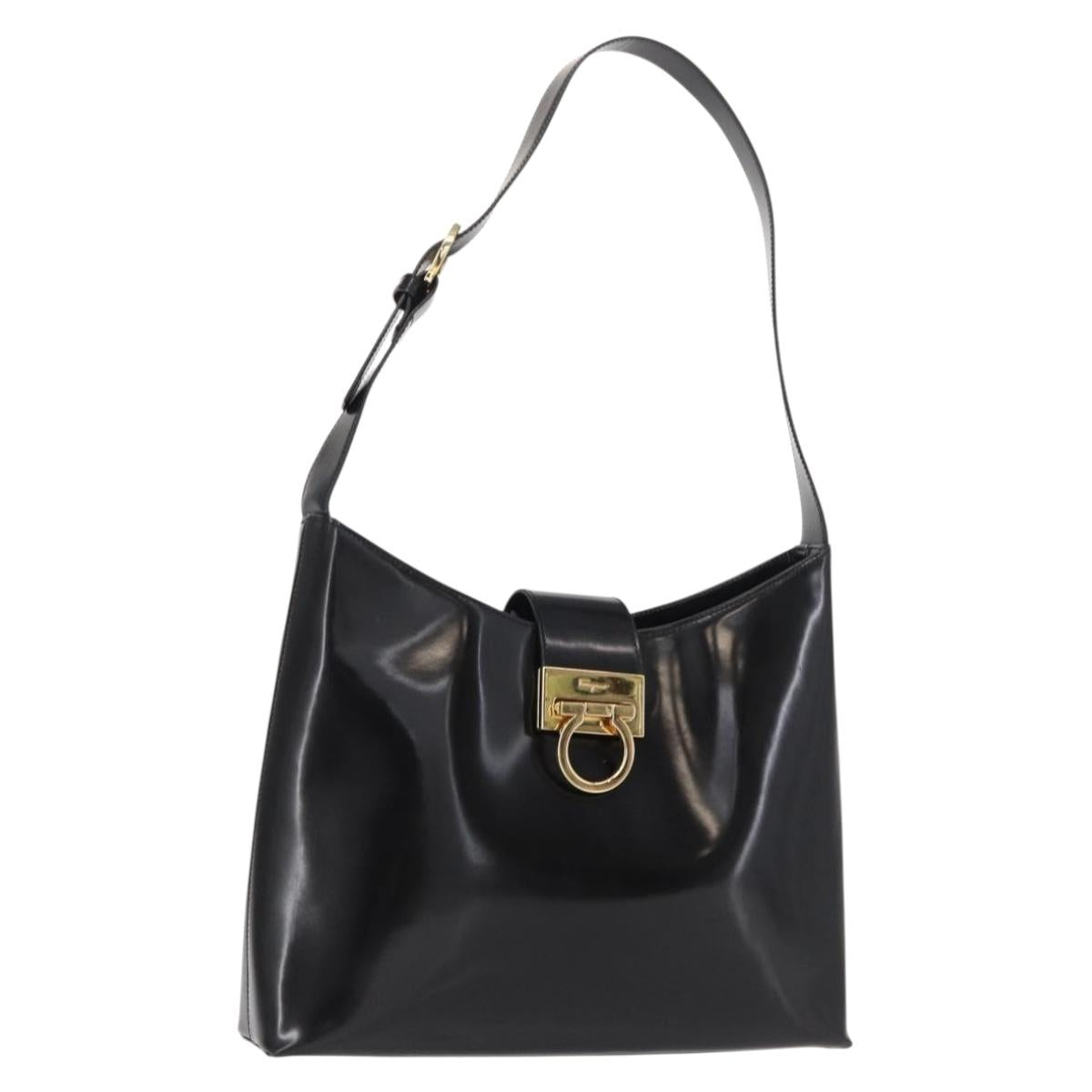 Salvatore Ferragamo Gancini Shoulder Bag Leather Black Gold Auth 152264