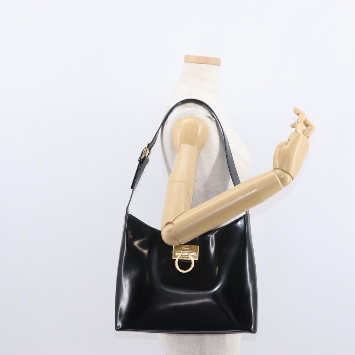 Salvatore Ferragamo Gancini Shoulder Bag Leather Black Gold Auth 152264
