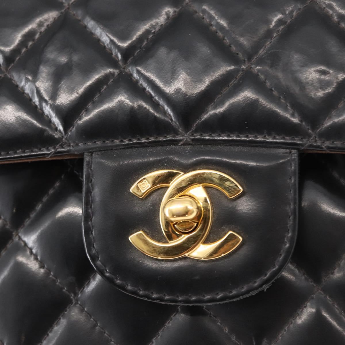 CHANEL Matelasse Double Flap Chain Bag Patent leather Black Gold CC Auth 152292V