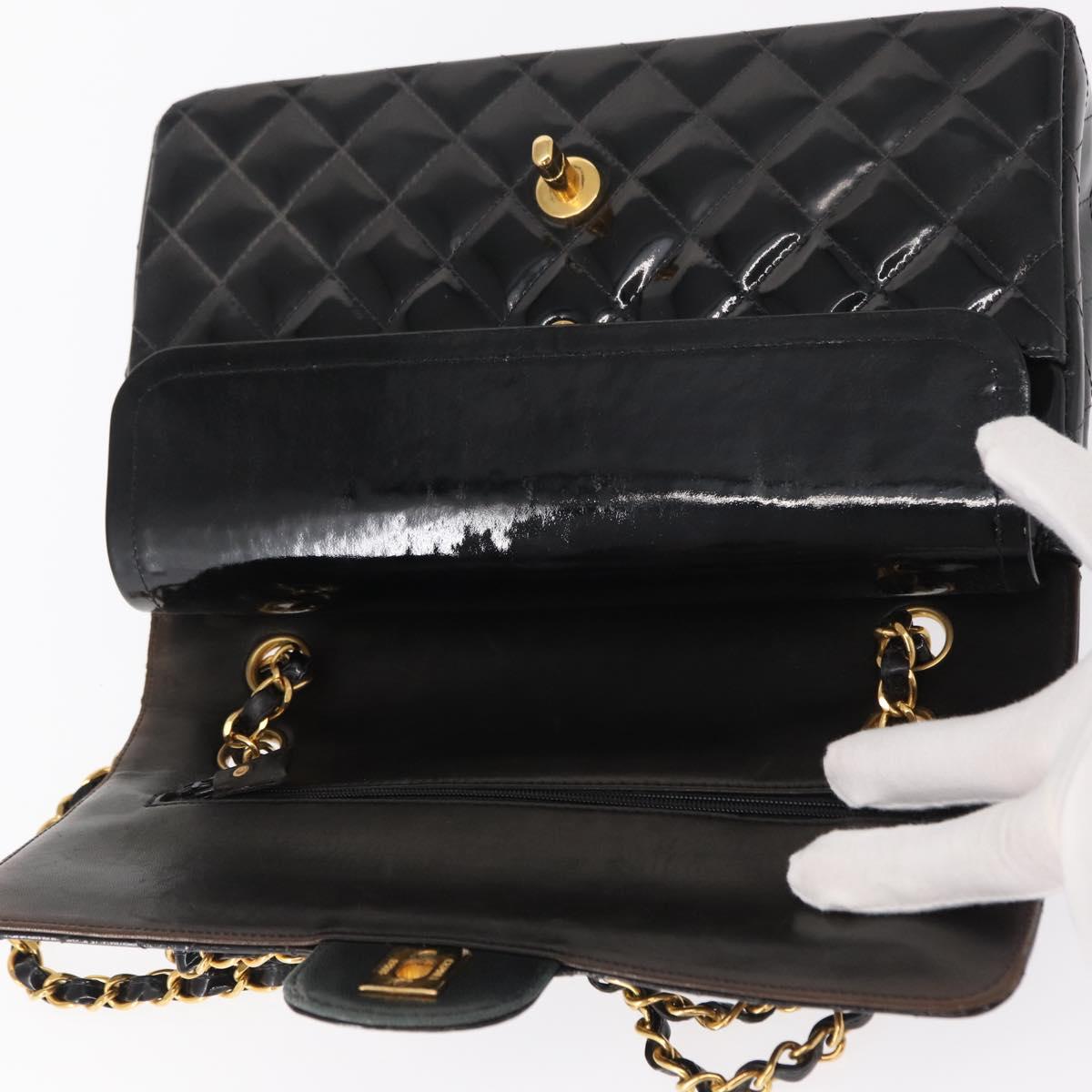 CHANEL Matelasse Double Flap Chain Bag Patent leather Black Gold CC Auth 152292V