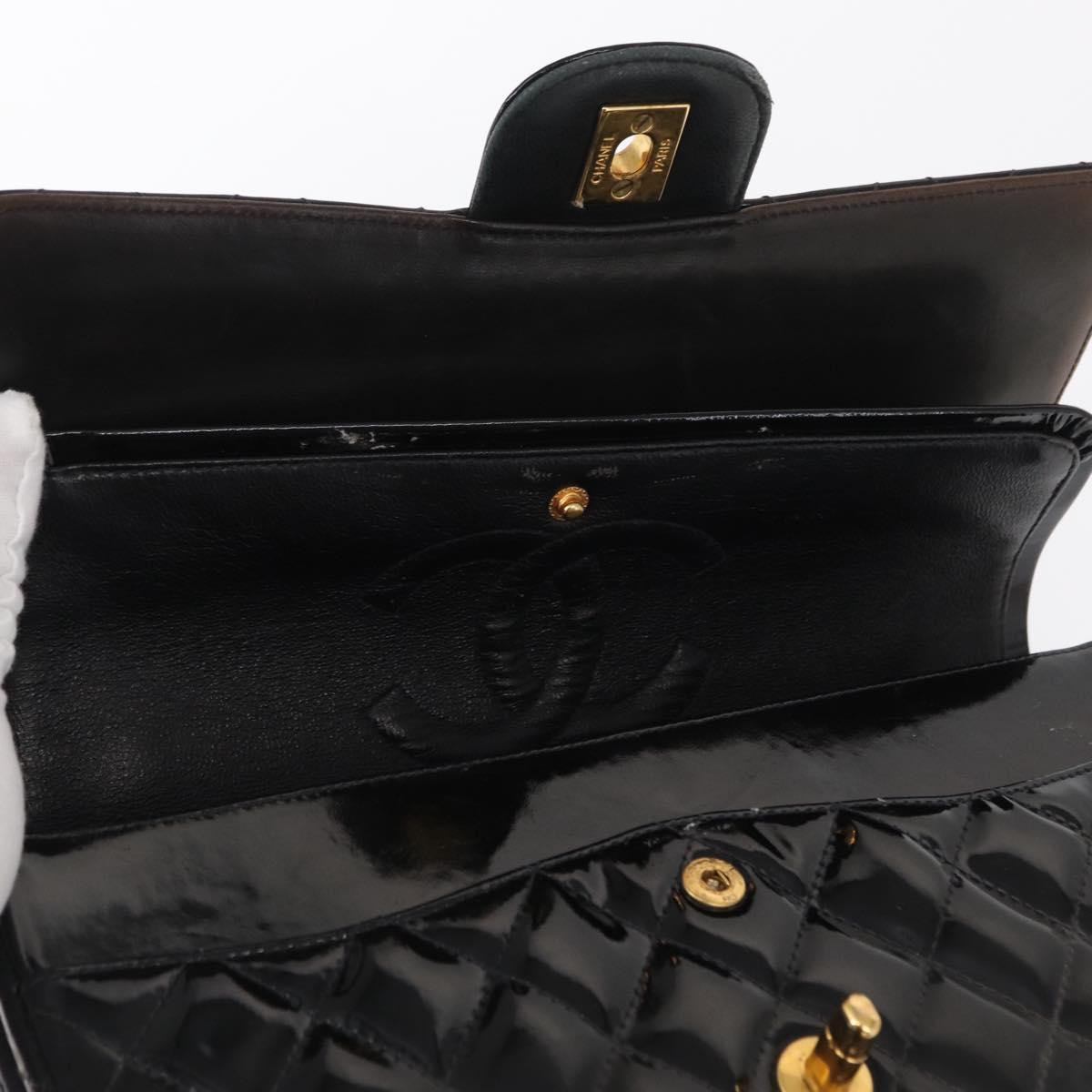 CHANEL Matelasse Double Flap Chain Bag Patent leather Black Gold CC Auth 152292V