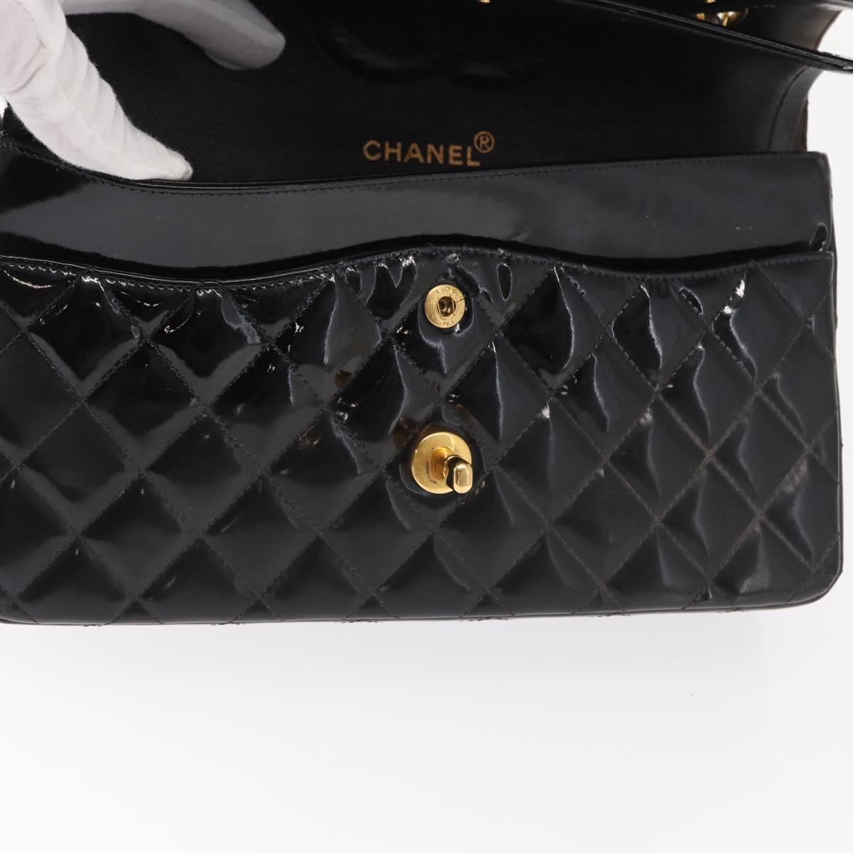 CHANEL Matelasse Double Flap Chain Bag Patent leather Black Gold CC Auth 152292V