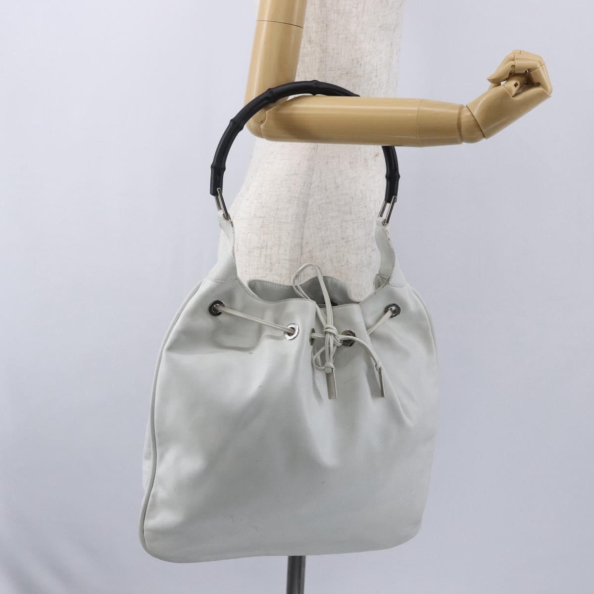 GUCCI Bamboo Shoulder Bag Leather White Silver 001 4006 2404 Auth 152366