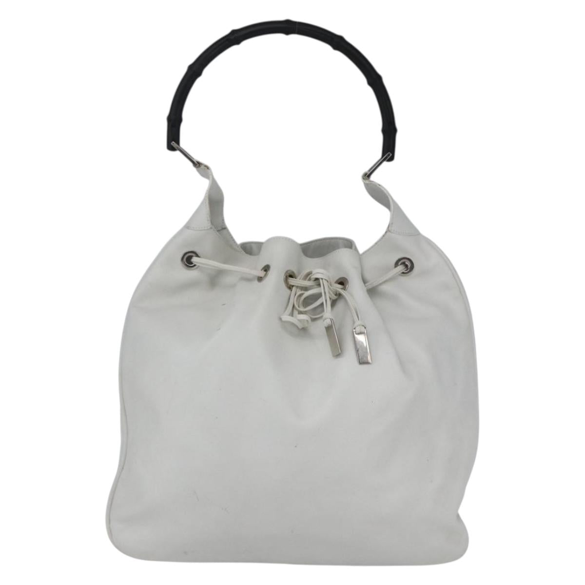 GUCCI Bamboo Shoulder Bag Leather White Silver 001 4006 2404 Auth 152366
