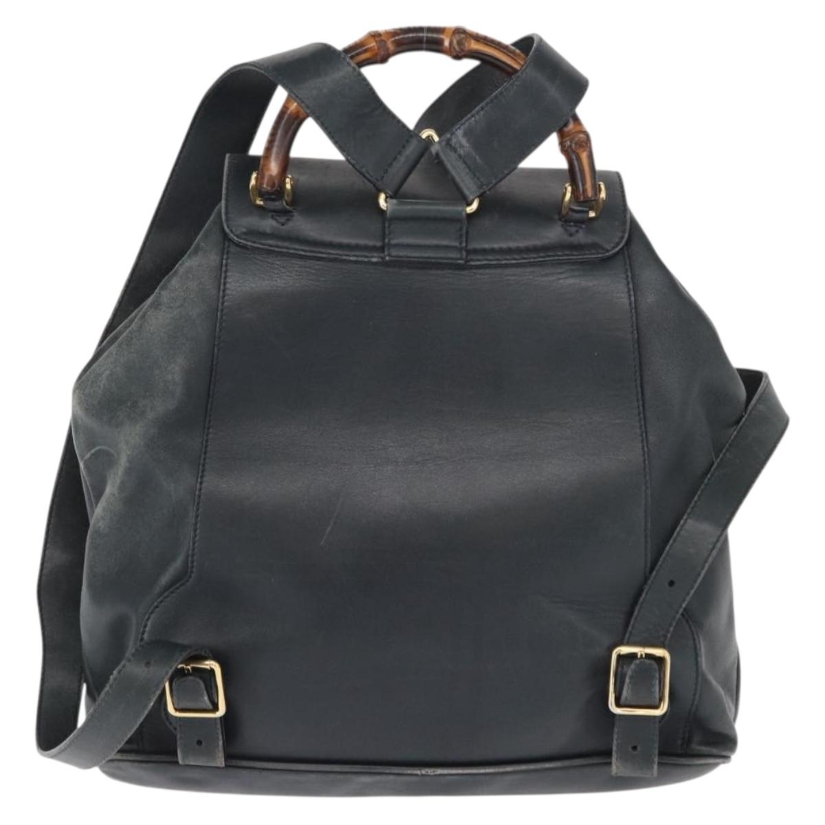 GUCCI Bamboo Backpack Leather Navy Gold 003 2058 0016 Auth 152368