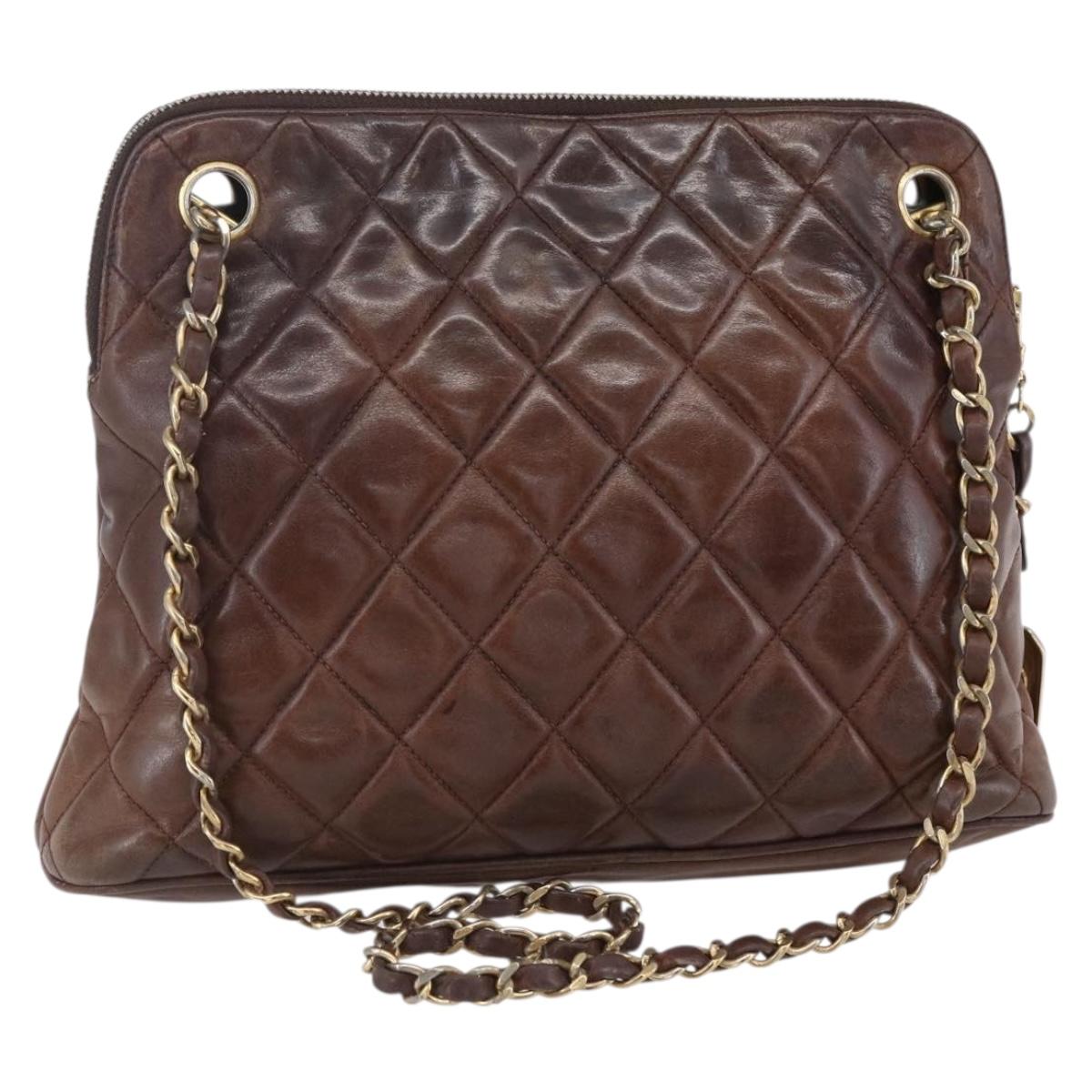 CHANEL Matelasse Chain Shoulder Bag Lamb Skin Brown Gold CC Auth 152374