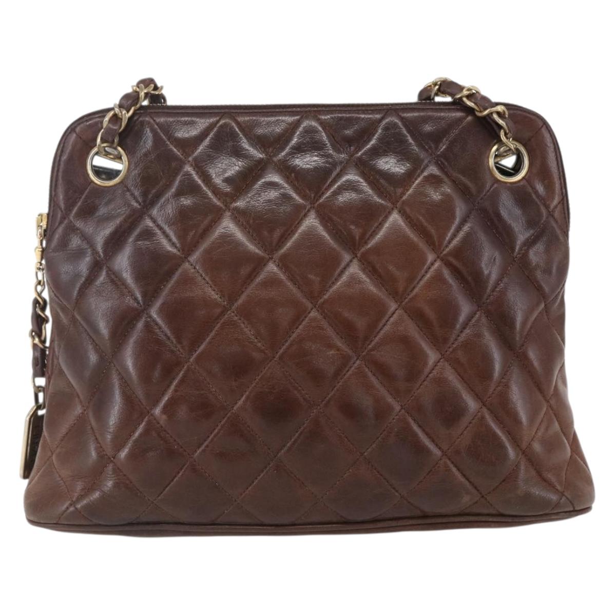 CHANEL Matelasse Chain Shoulder Bag Lamb Skin Brown Gold CC Auth 152374