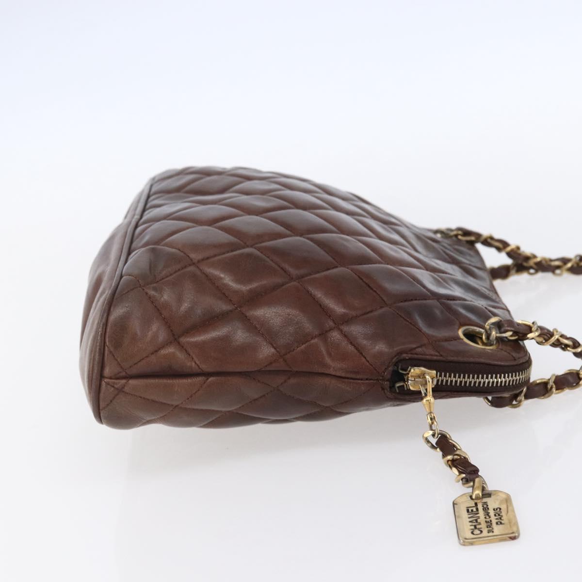 CHANEL Matelasse Chain Shoulder Bag Lamb Skin Brown Gold CC Auth 152374