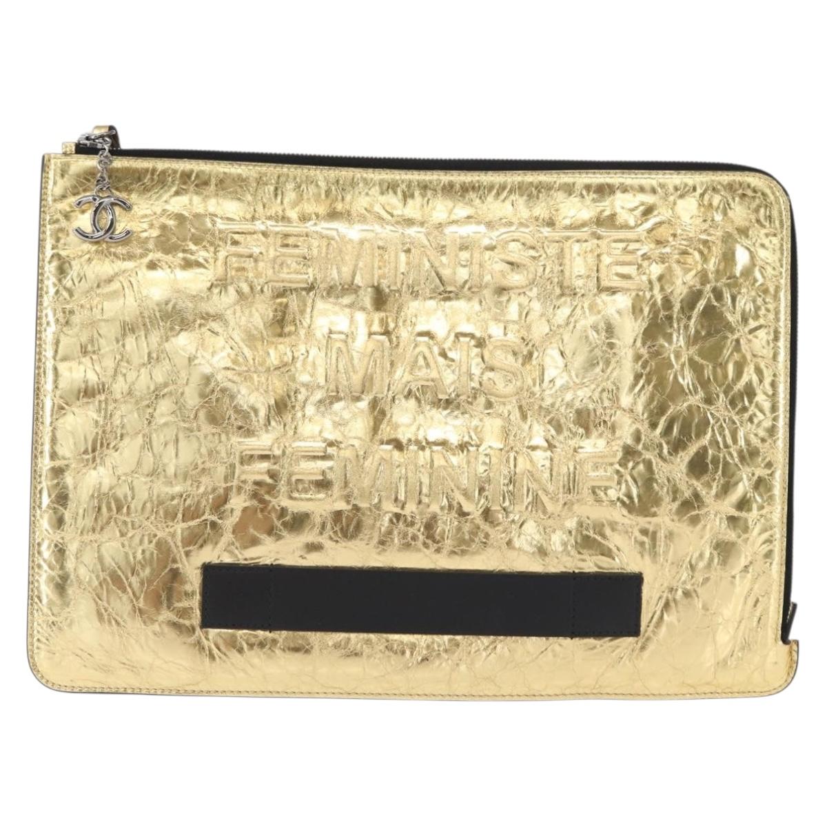 CHANEL Clutch Bag Leather Gold CC Auth 152375SM