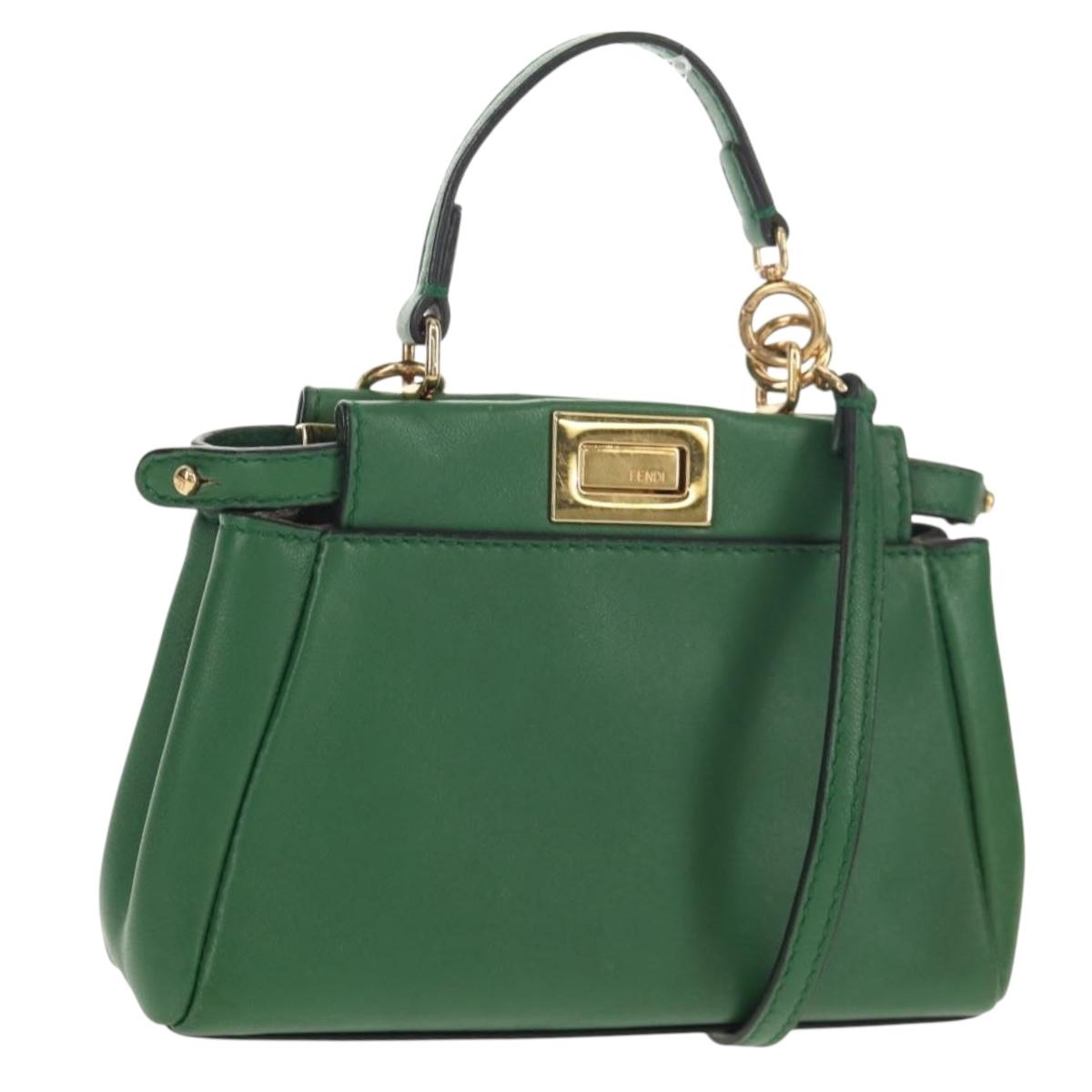 FENDI Micro Peek A Boo Hand Bag Leather Gold Green Auth 152379V