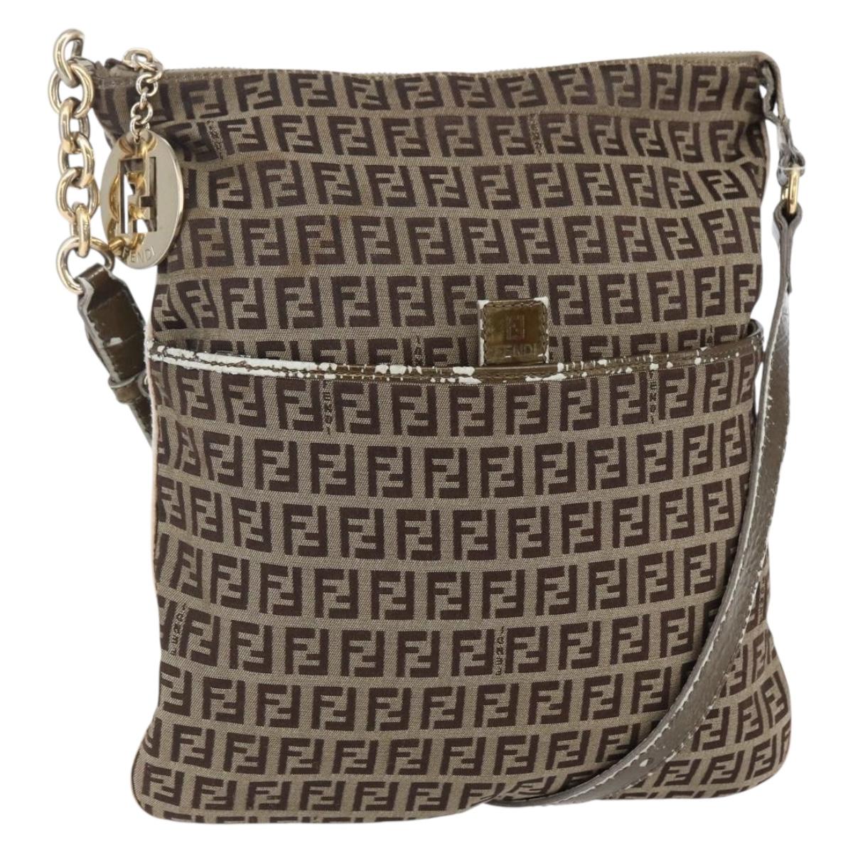 FENDI Zucchino Canvas Shoulder Bag Beige Gold Auth 152382