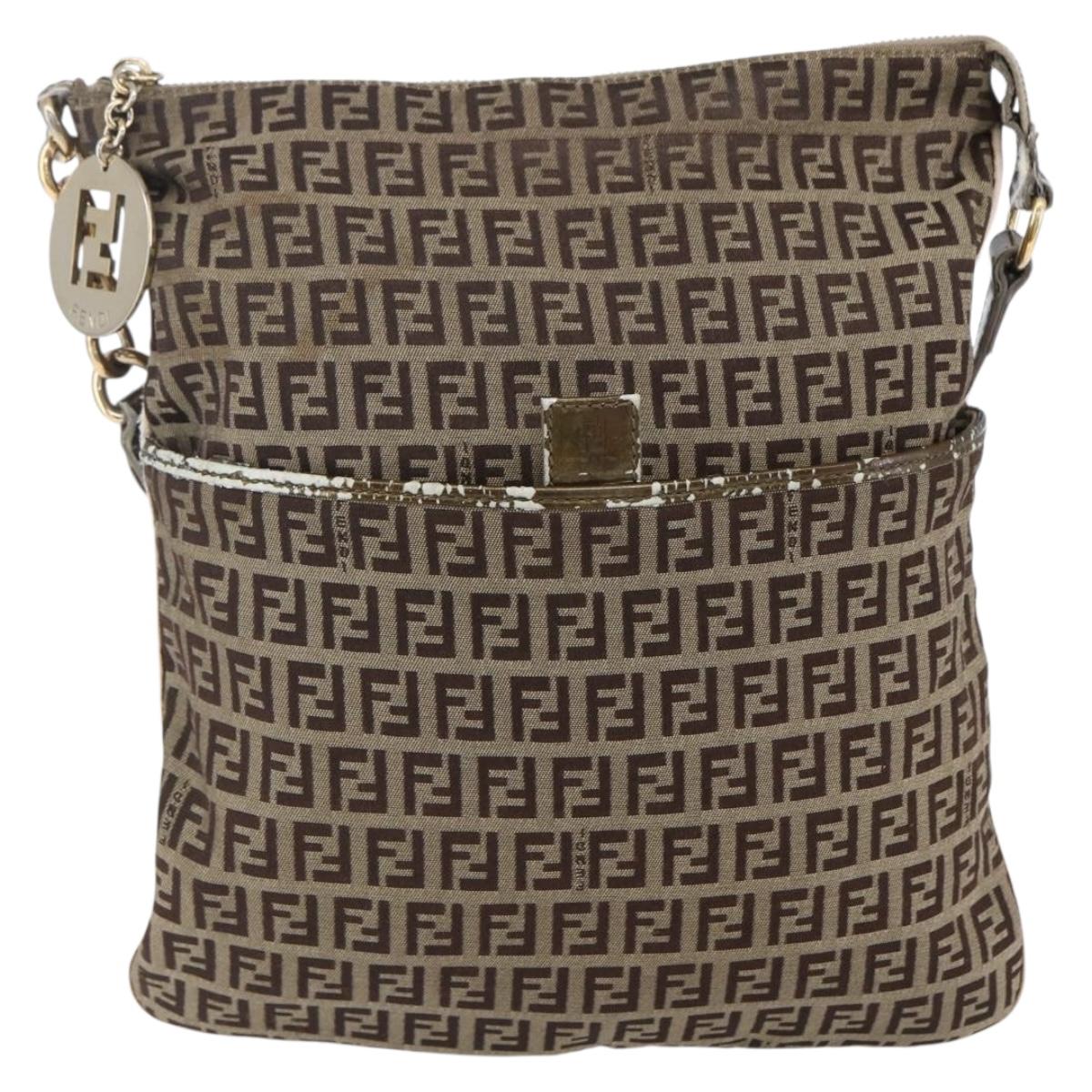 FENDI Zucchino Canvas Shoulder Bag Beige Gold Auth 152382