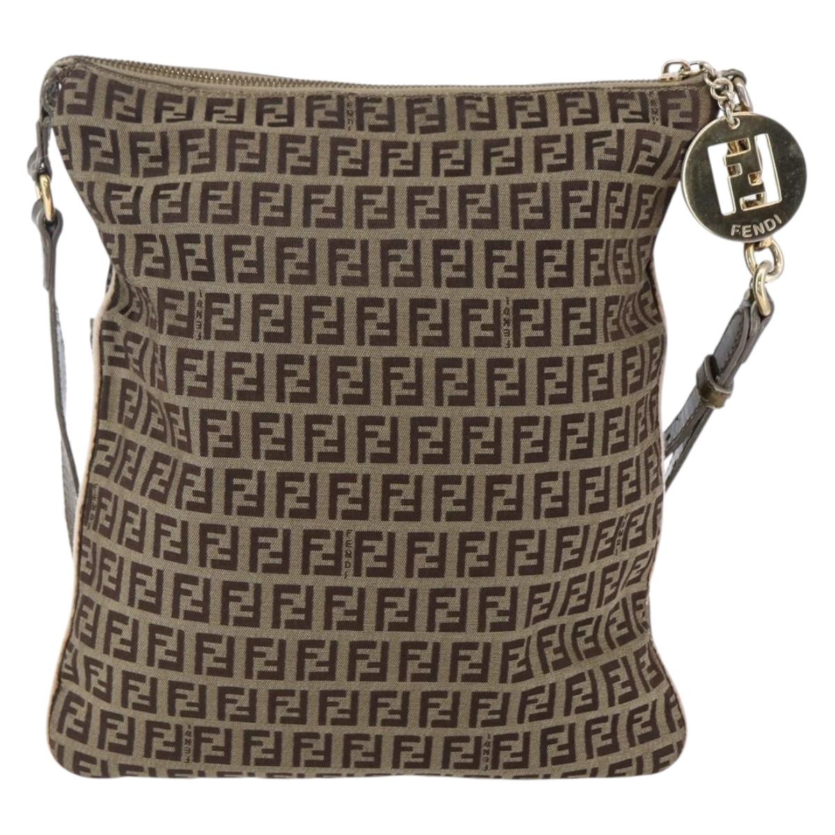 FENDI Zucchino Canvas Shoulder Bag Beige Gold Auth 152382