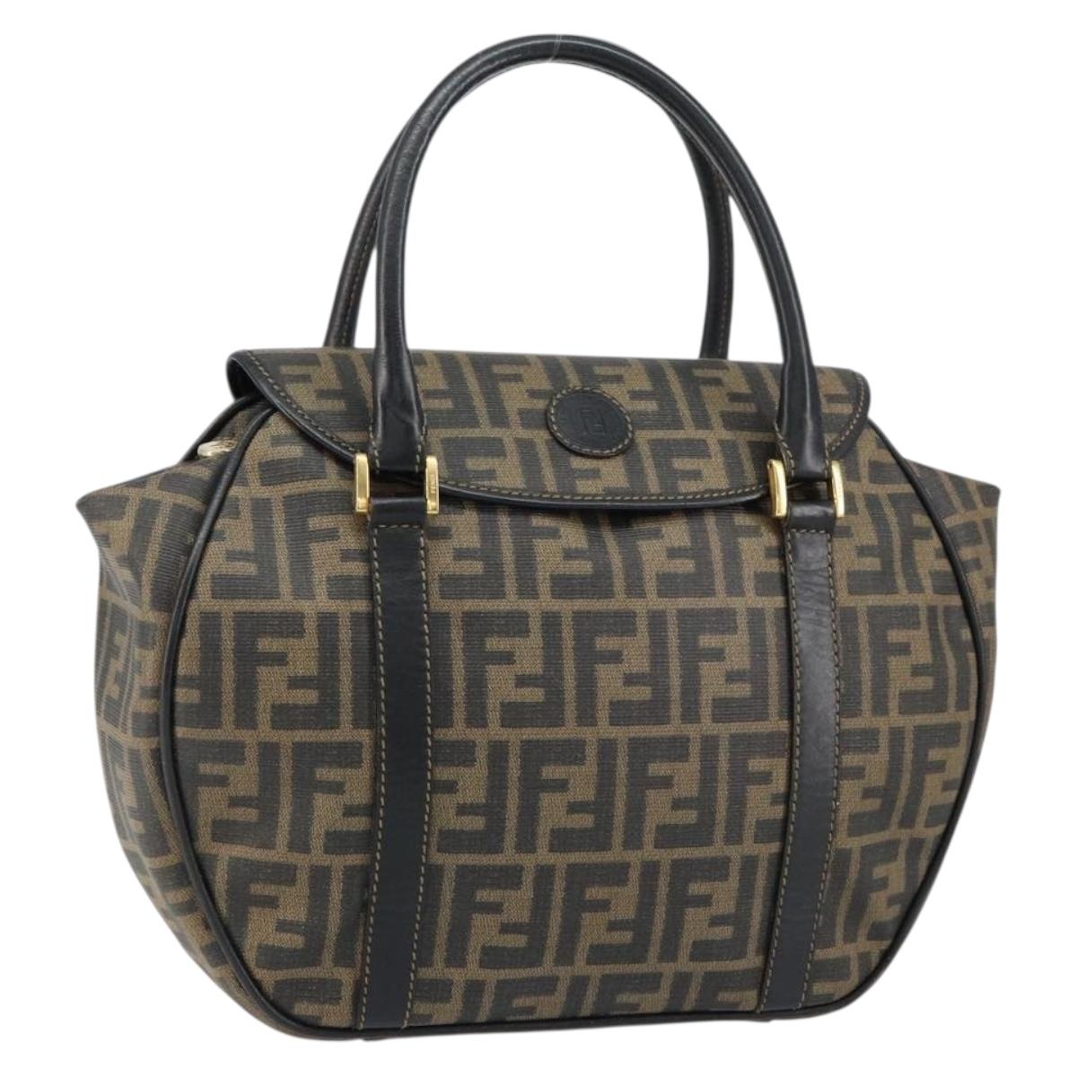 FENDI Zucca Canvas Hand Bag PVC Black Brown Auth 152385