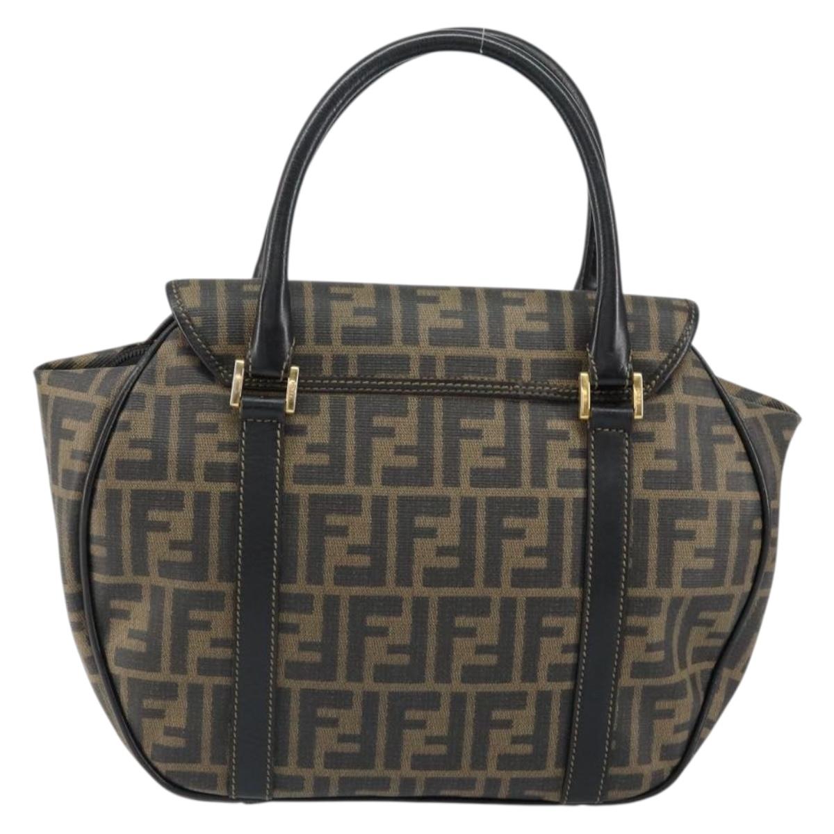 FENDI Zucca Canvas Hand Bag PVC Black Brown Auth 152385