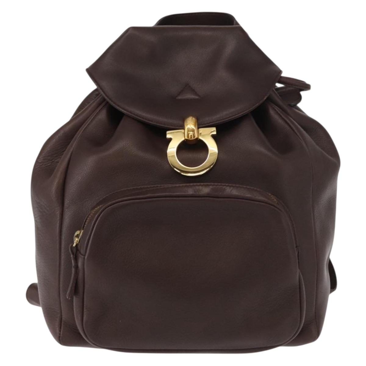 Salvatore Ferragamo Gancini Backpack Leather Brown Gold Auth 152386