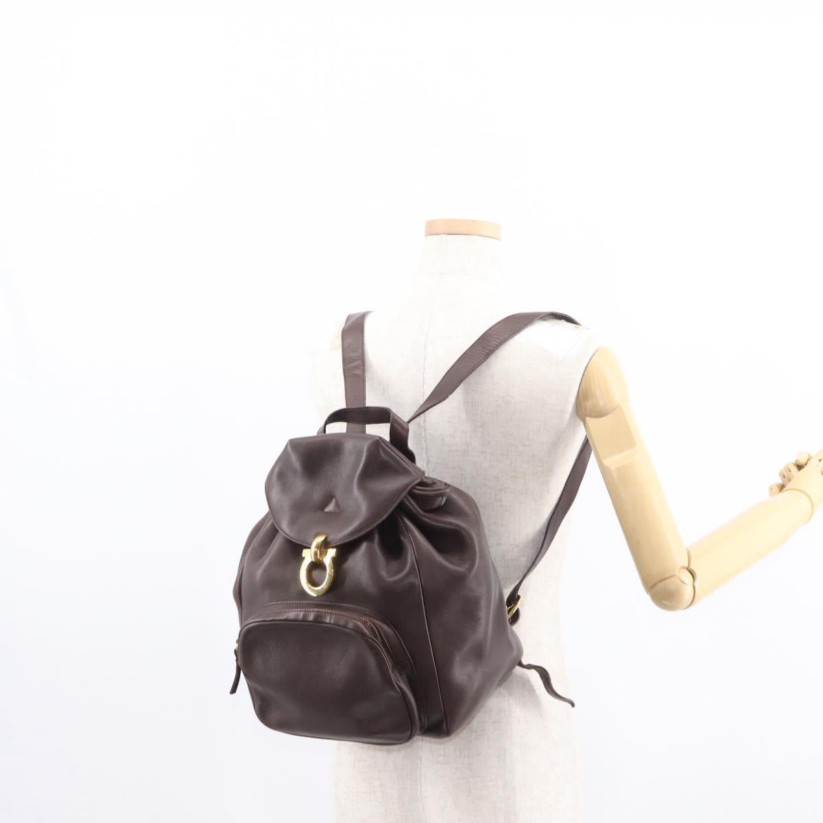 Salvatore Ferragamo Gancini Backpack Leather Brown Gold Auth 152386