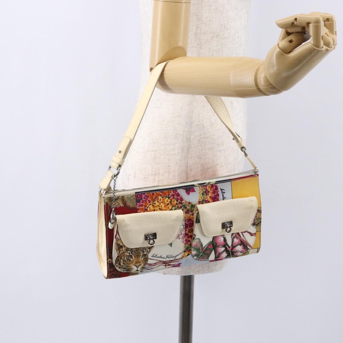 Salvatore Ferragamo Gancini Bag Nylon Leather Multicolor Silver Auth 152387