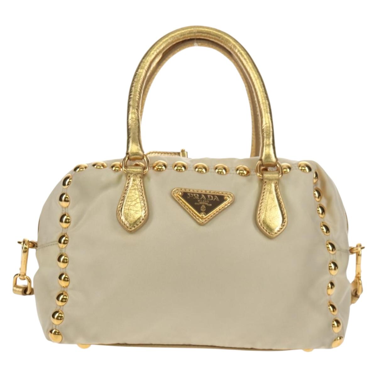 PRADA Hand Bag Nylon Leather Gold Auth 152398A