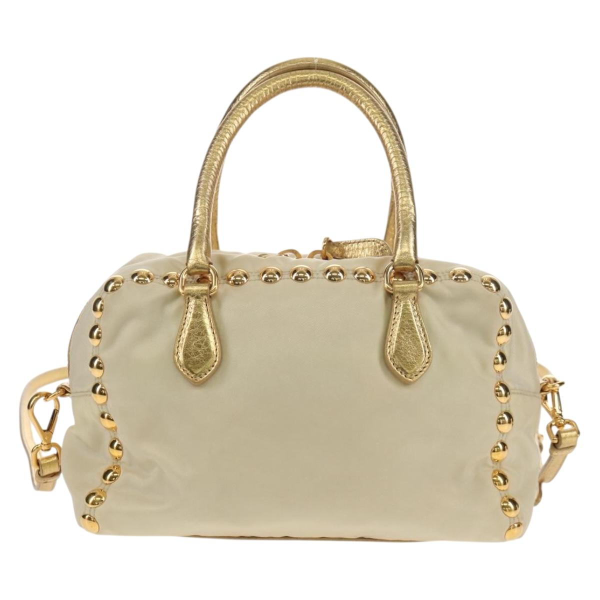 PRADA Hand Bag Nylon Leather Gold Auth 152398A