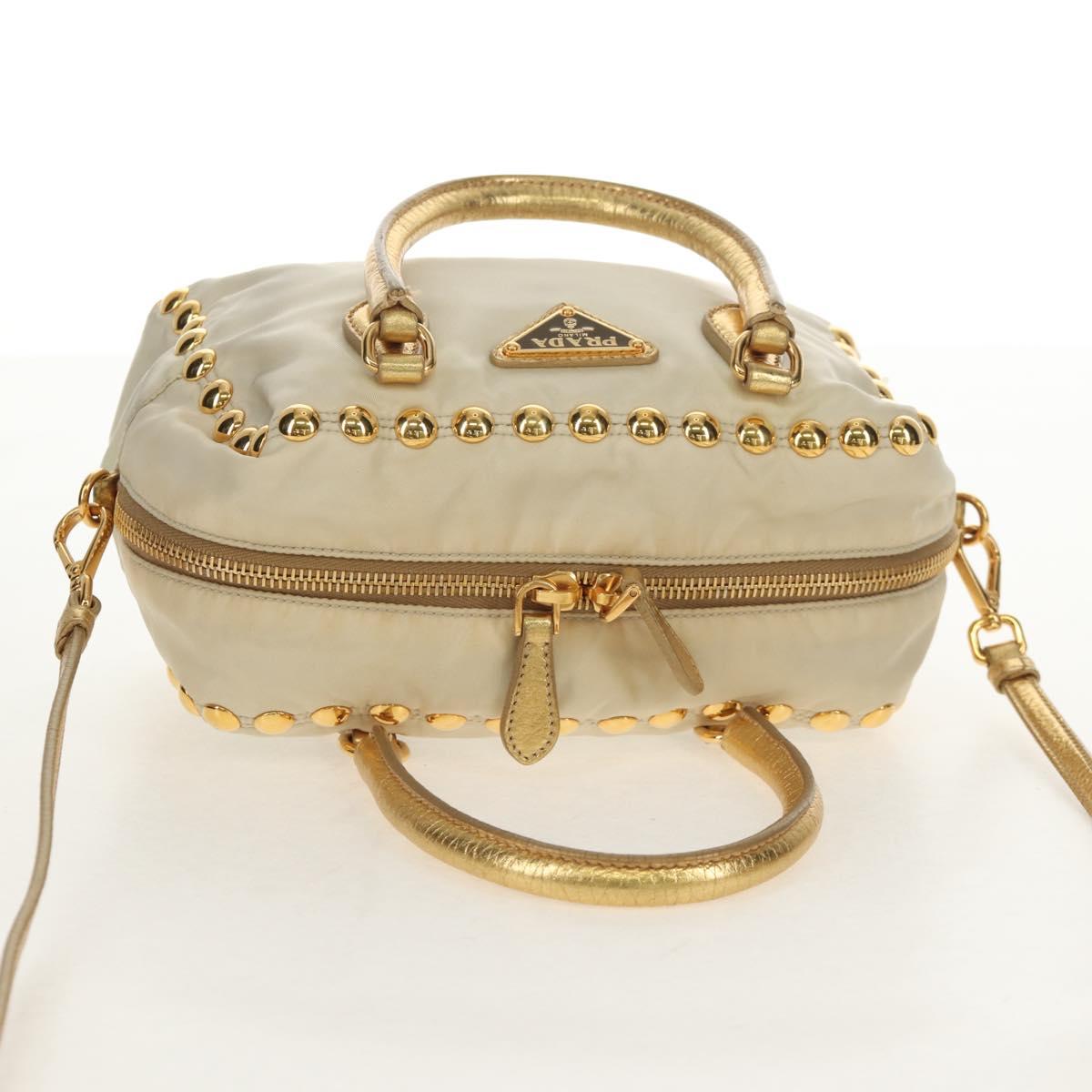 PRADA Hand Bag Nylon Leather Gold Auth 152398A