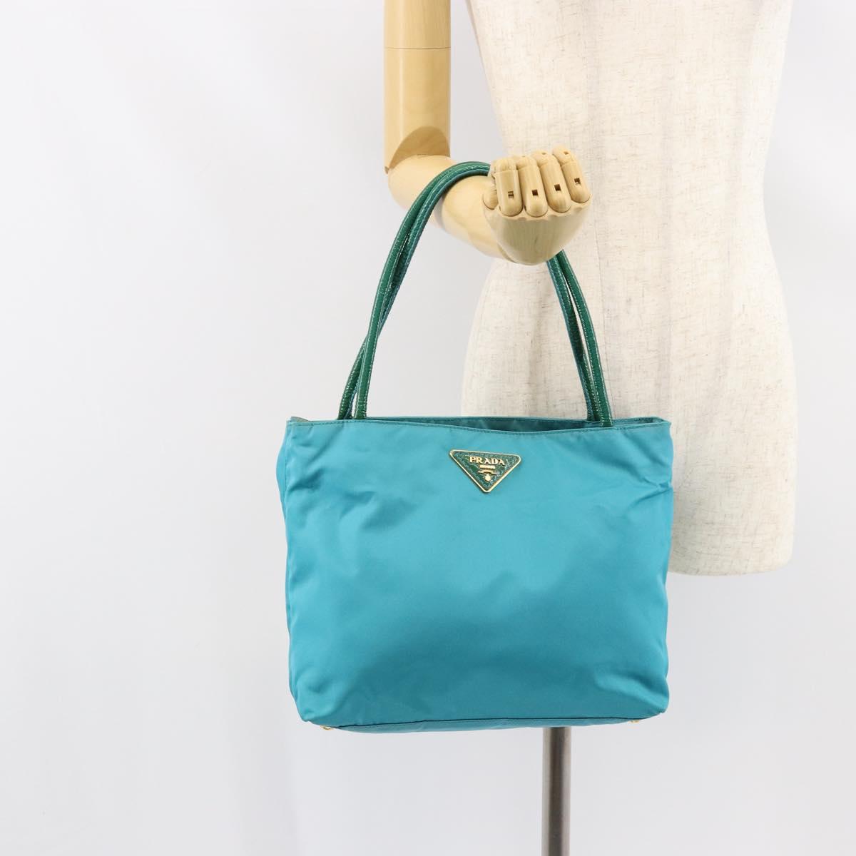 PRADA Hand Bag Nylon Turquoise Blue Gold Auth 152401