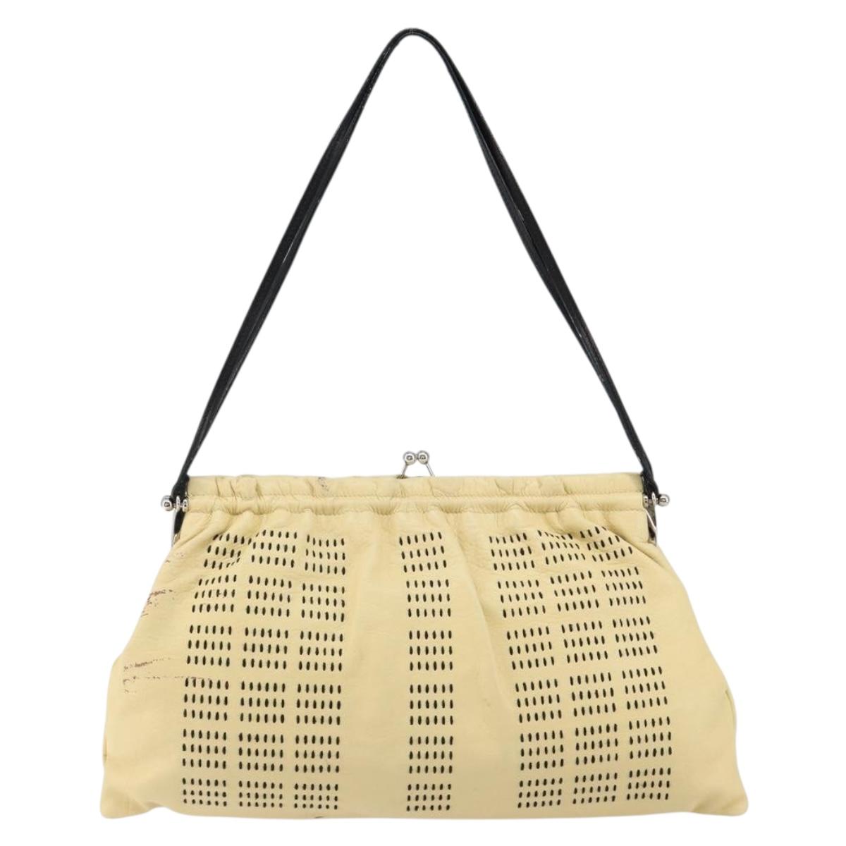 Miu Miu Gamaguchi Shoulder Bag Leather Beige Silver Auth 152418