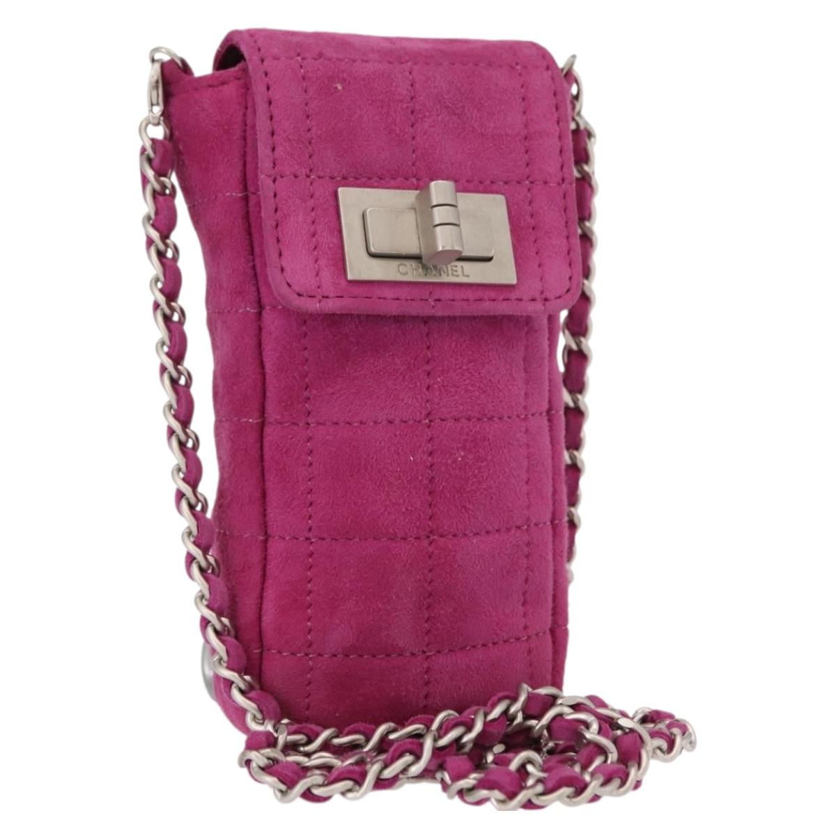 CHANEL Choco Bar Line Chain Phone Case Suede Purple Silver CC Auth 152423