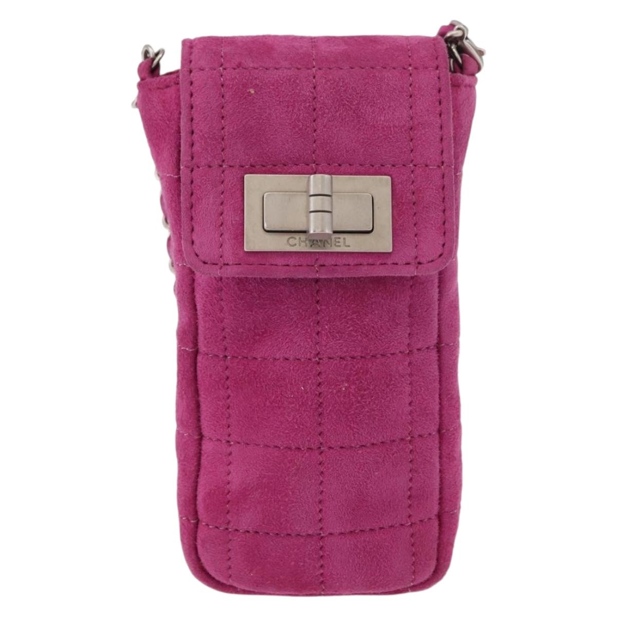 CHANEL Choco Bar Line Chain Phone Case Suede Purple Silver CC Auth 152423
