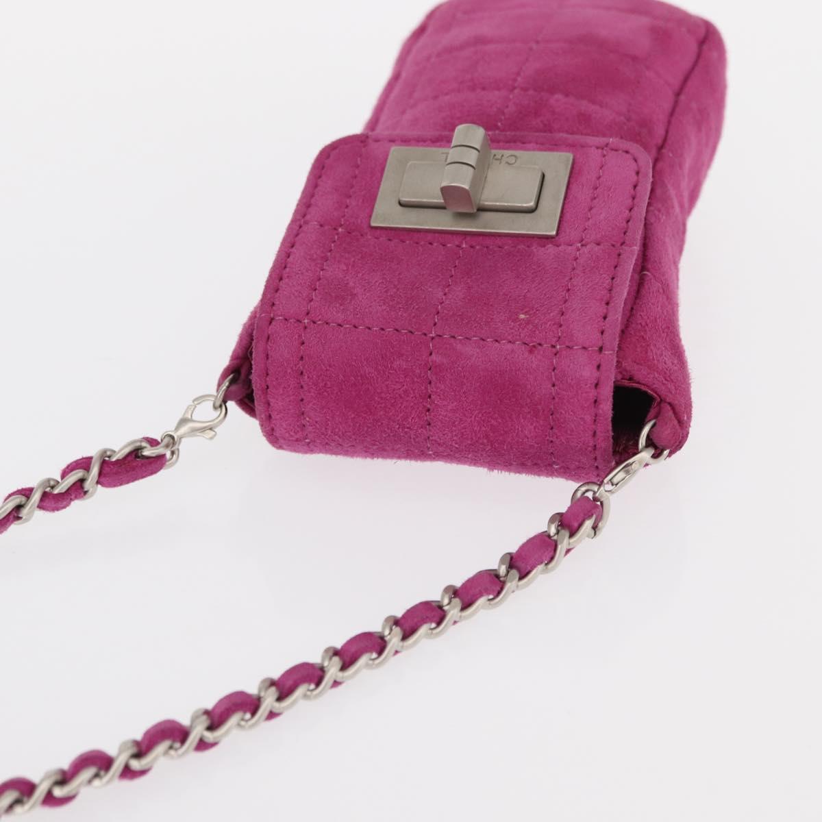 CHANEL Choco Bar Line Chain Phone Case Suede Purple Silver CC Auth 152423