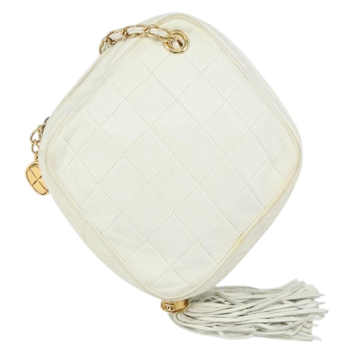 CHANEL Chain Shoulder Bag Lamb Skin White Gold CC Auth 152440