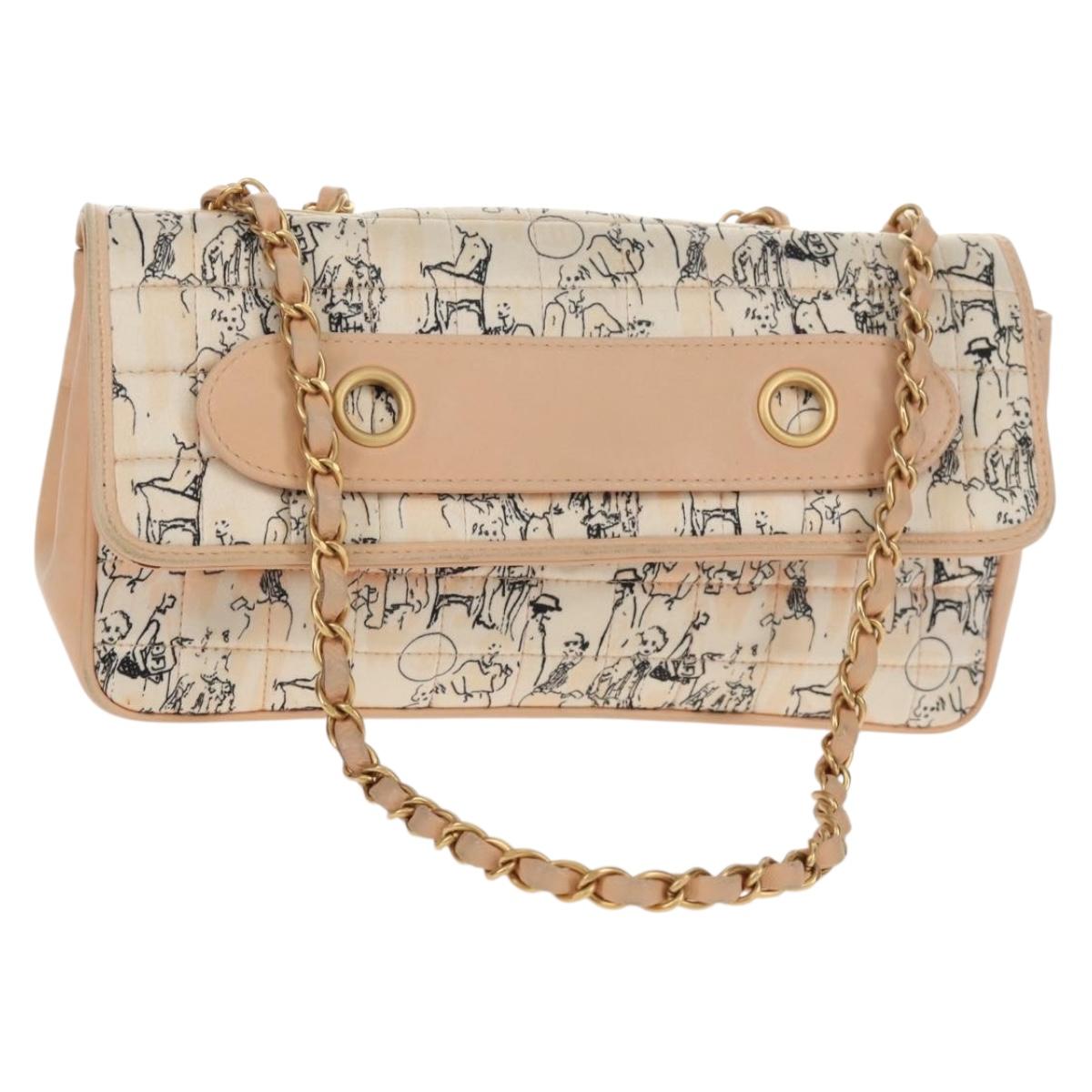 CHANEL Choco Bar Line Chain Bag Leather Cotton Beige Gold CC Auth 152448V