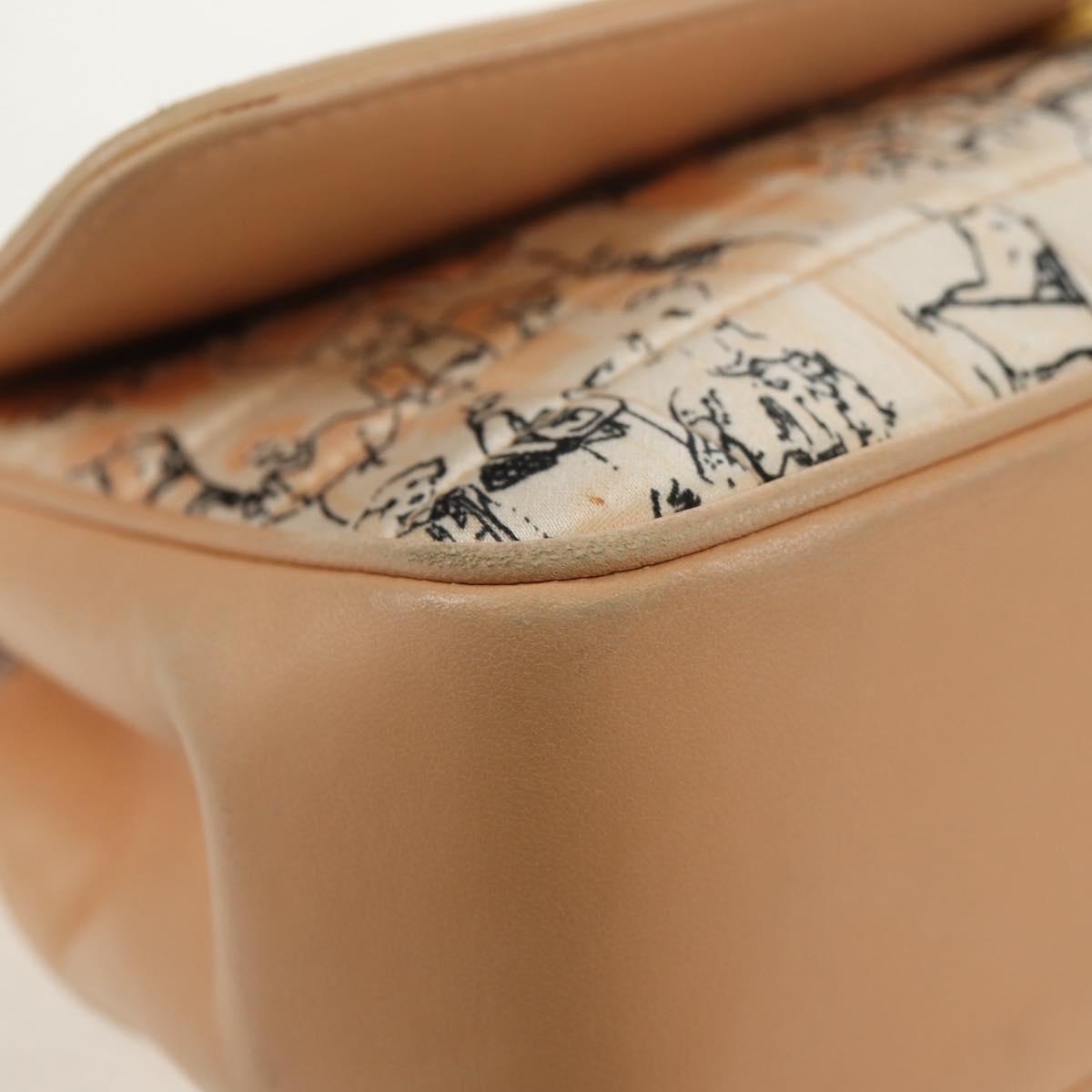 CHANEL Choco Bar Line Chain Bag Leather Cotton Beige Gold CC Auth 152448AV