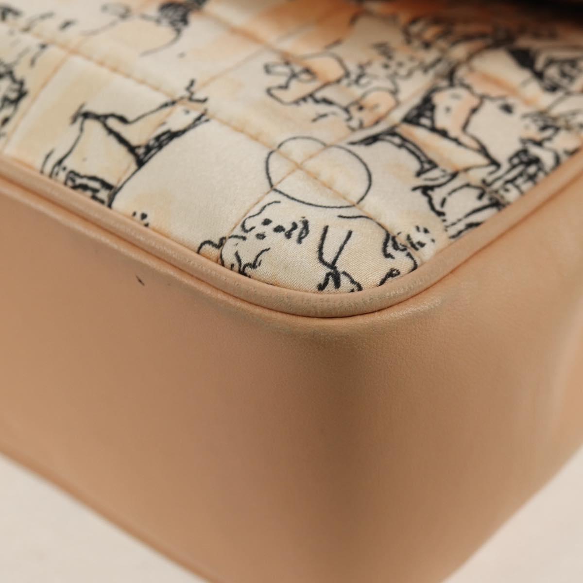 CHANEL Choco Bar Line Chain Bag Leather Cotton Beige Gold CC Auth 152448V