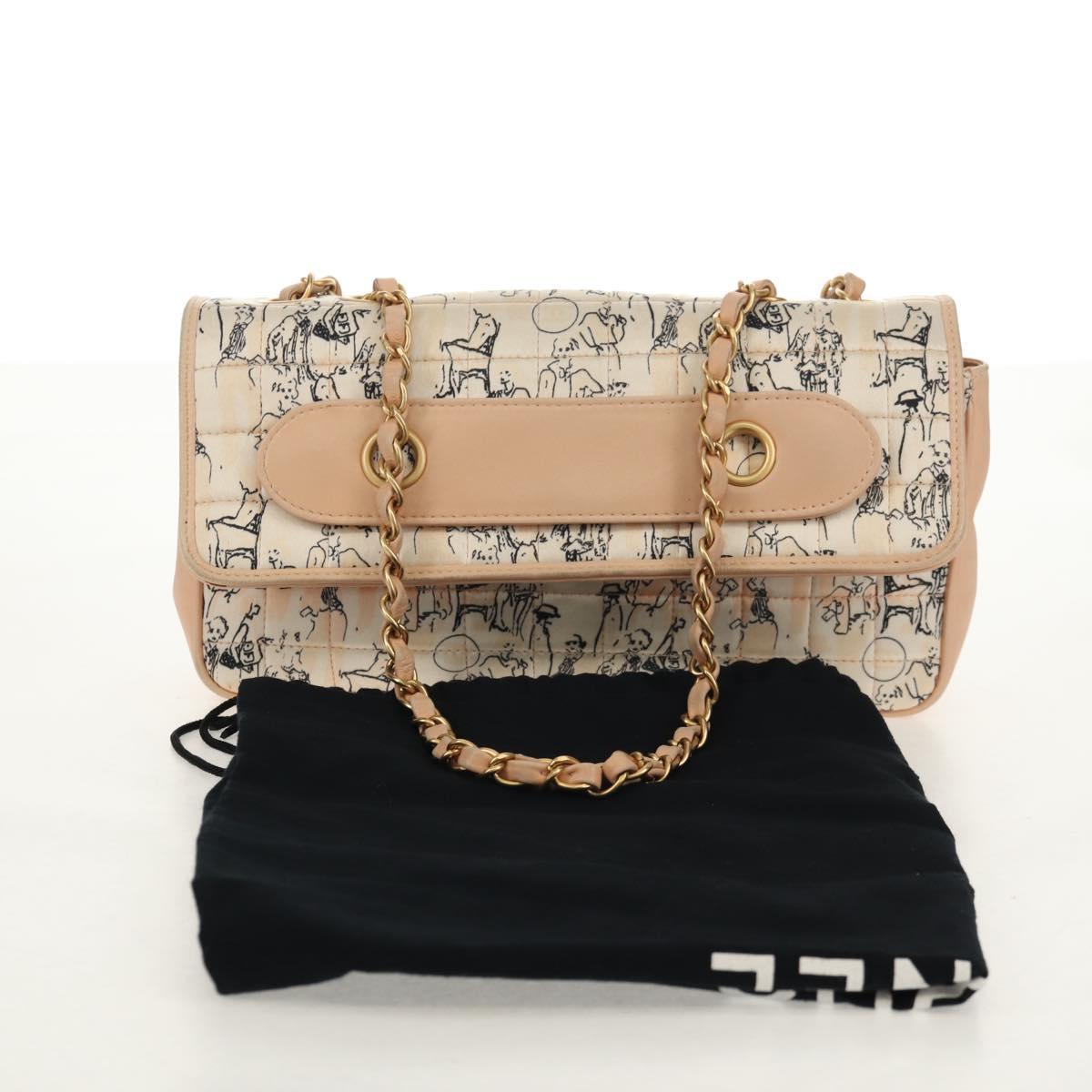 CHANEL Choco Bar Line Chain Bag Leather Cotton Beige Gold CC Auth 152448V