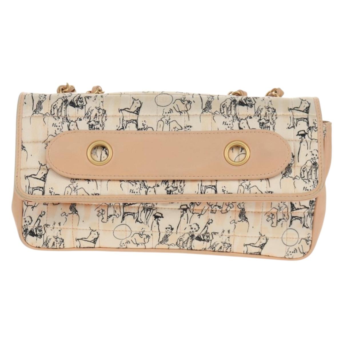 CHANEL Choco Bar Line Chain Bag Leather Cotton Beige Gold CC Auth 152448V