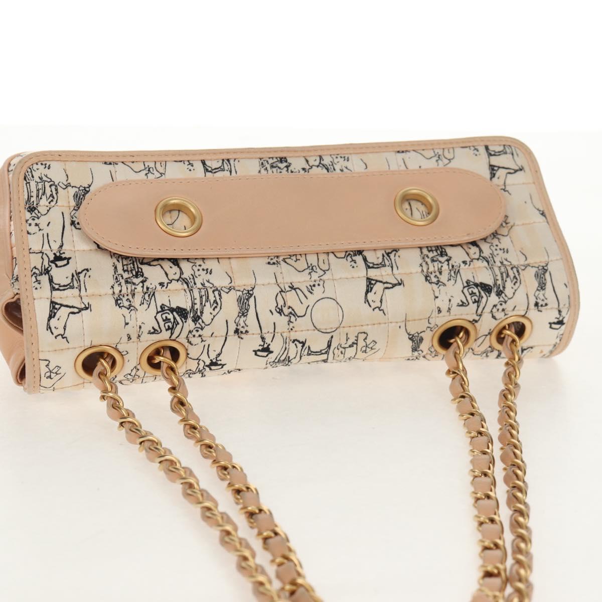 CHANEL Choco Bar Line Chain Bag Leather Cotton Beige Gold CC Auth 152448V