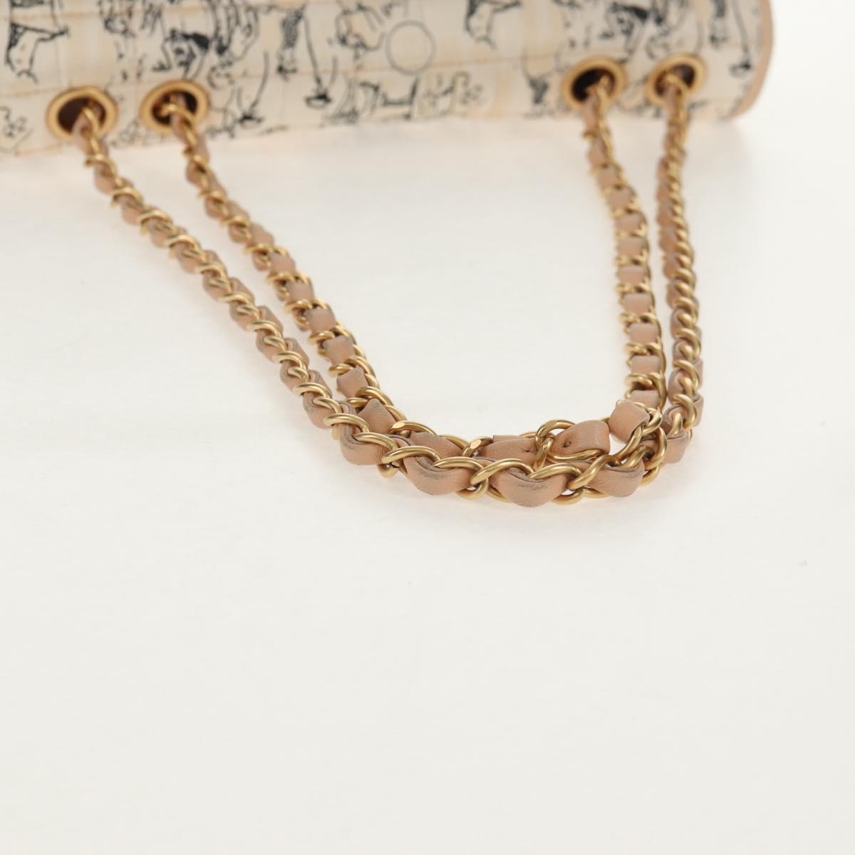 CHANEL Choco Bar Line Chain Bag Leather Cotton Beige Gold CC Auth 152448V