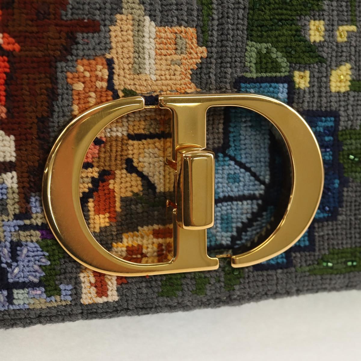 Christian Dior Chain Caro Shoulder Bag cotton Gray Gold Auth 152452AM