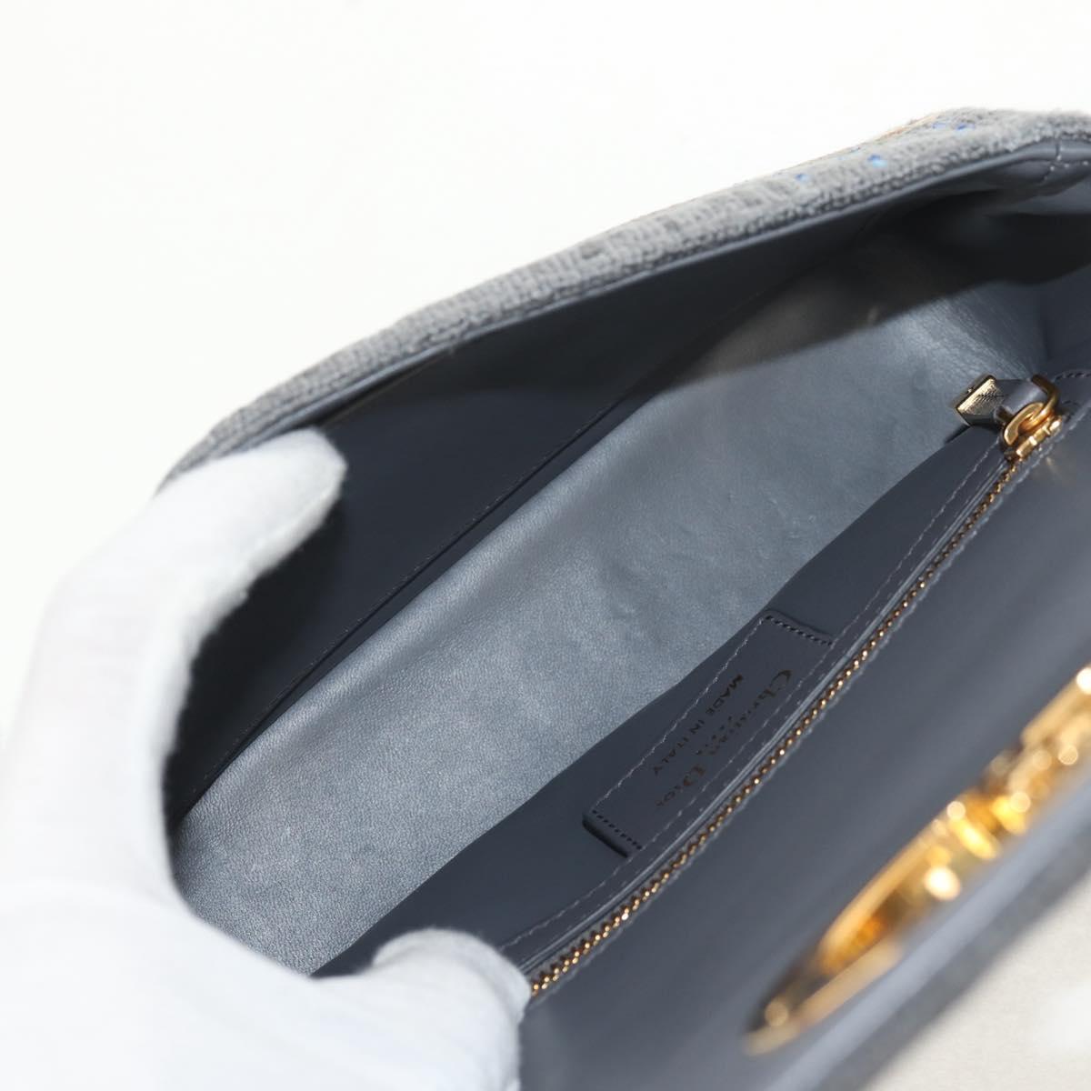 Christian Dior Chain Caro Shoulder Bag cotton Gray Gold Auth 152452AM
