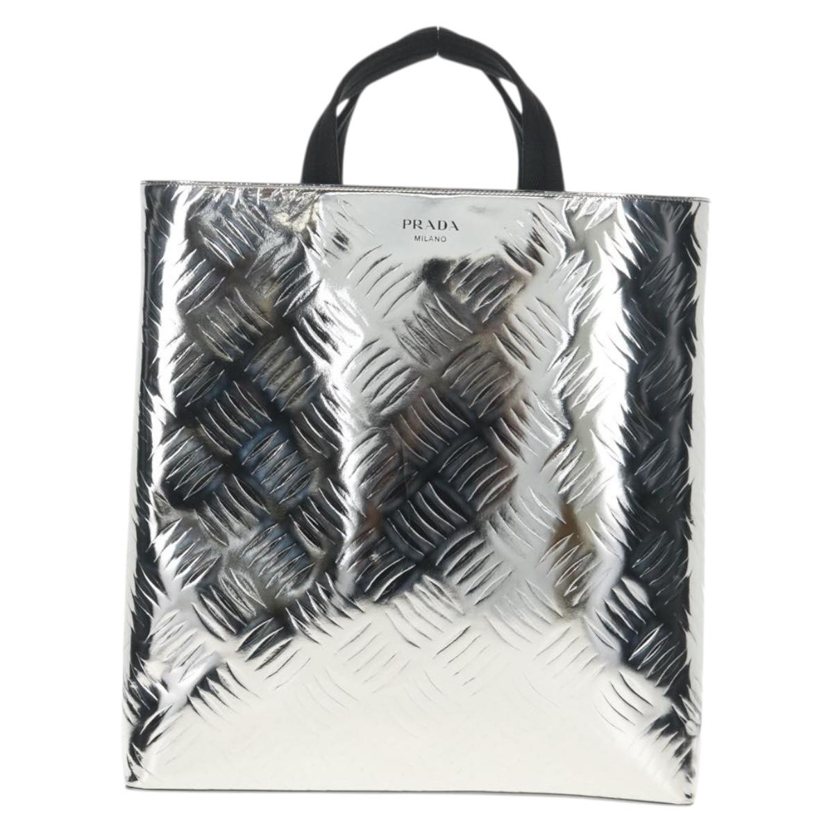 PRADA Hand Bag Metallic leather Silver Auth 152470M