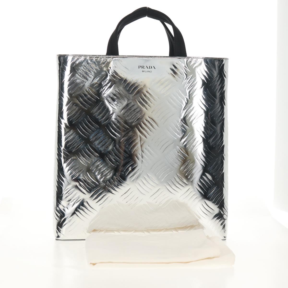 PRADA Hand Bag Metallic leather Silver Auth 152470M