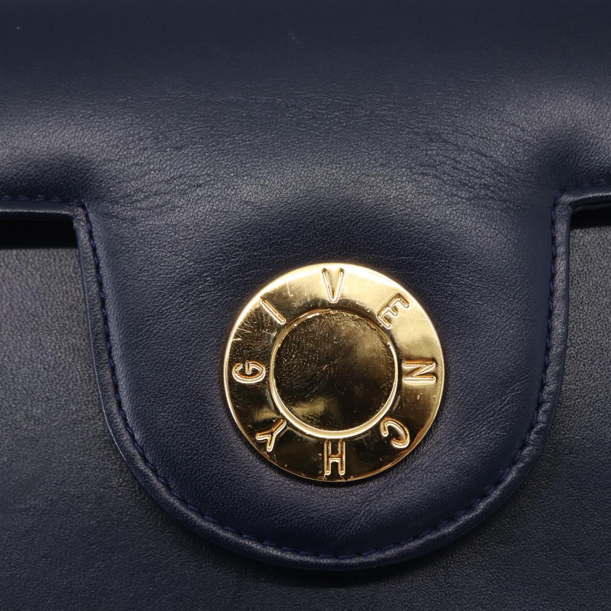GIVENCHY Hand Bag Leather 2way Navy Gold Auth 152500