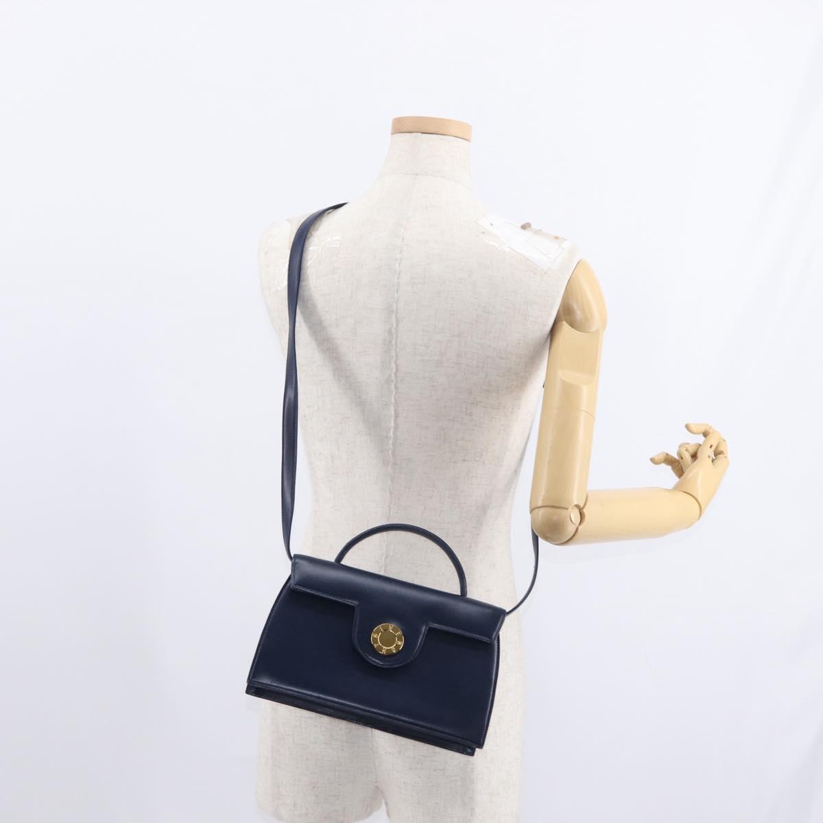 GIVENCHY Hand Bag Leather 2way Navy Gold Auth 152500