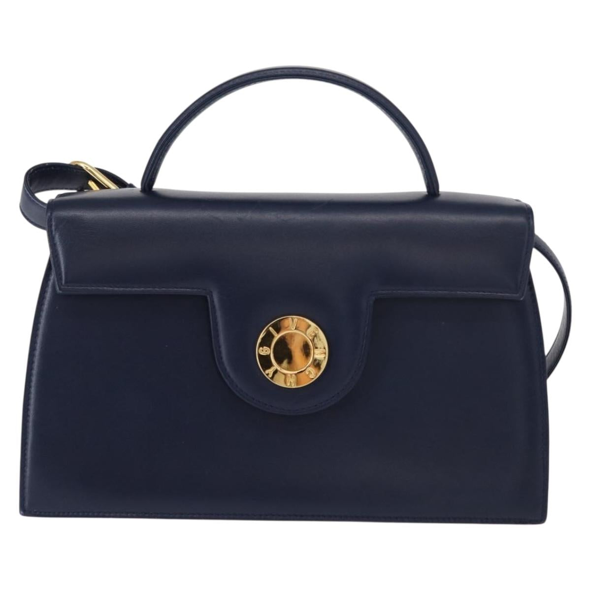 GIVENCHY Hand Bag Leather 2way Navy Gold Auth 152500