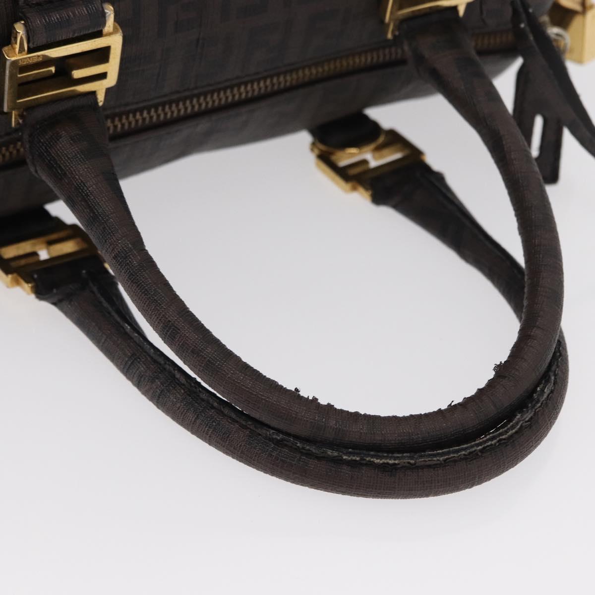 FENDI Zucchino Canvas Boston Bag PVC Dark Brown Gold Auth 152507