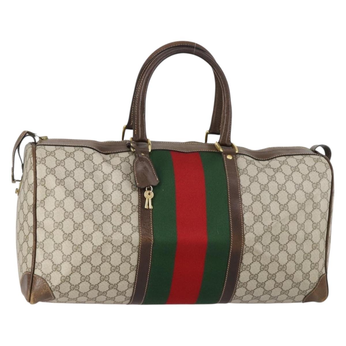 GUCCI GG Supreme Web Sherry Line Boston Bag PVC Beige Gold Auth 152565